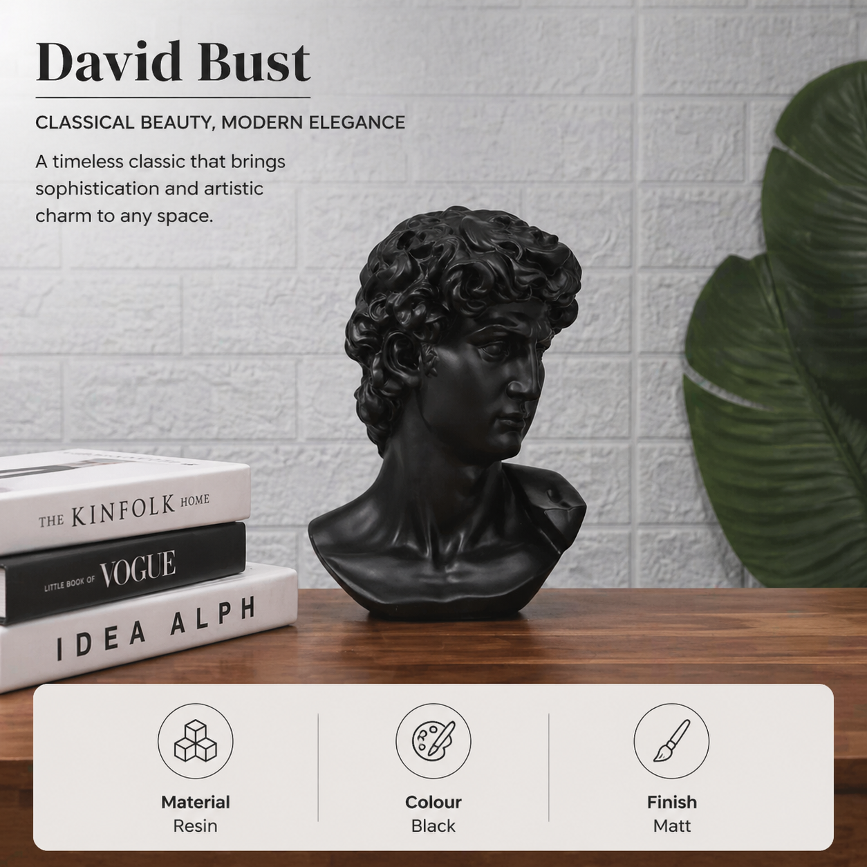Black Monochrome Classical Bust Sculpture in Matte Resin