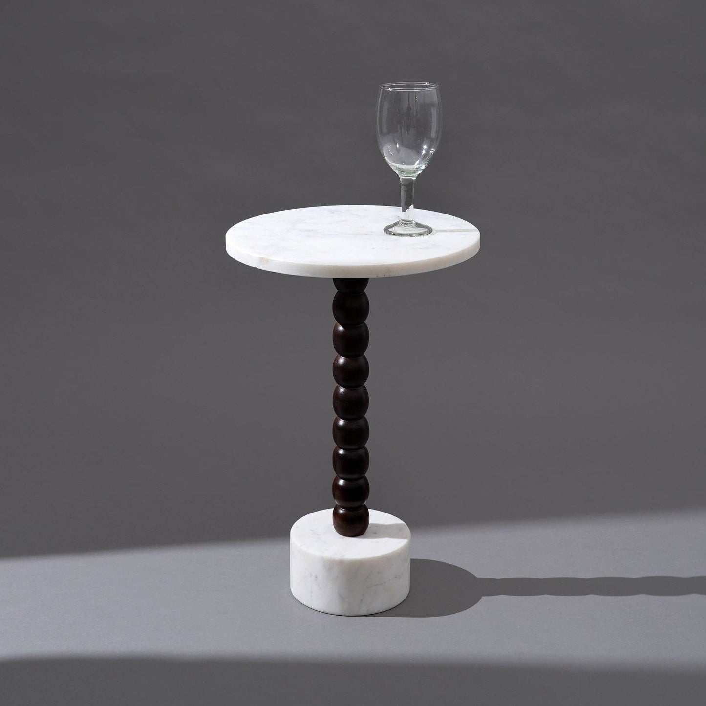 Marble & Wood Beaded Drink Table – Compact Artisanal Accent