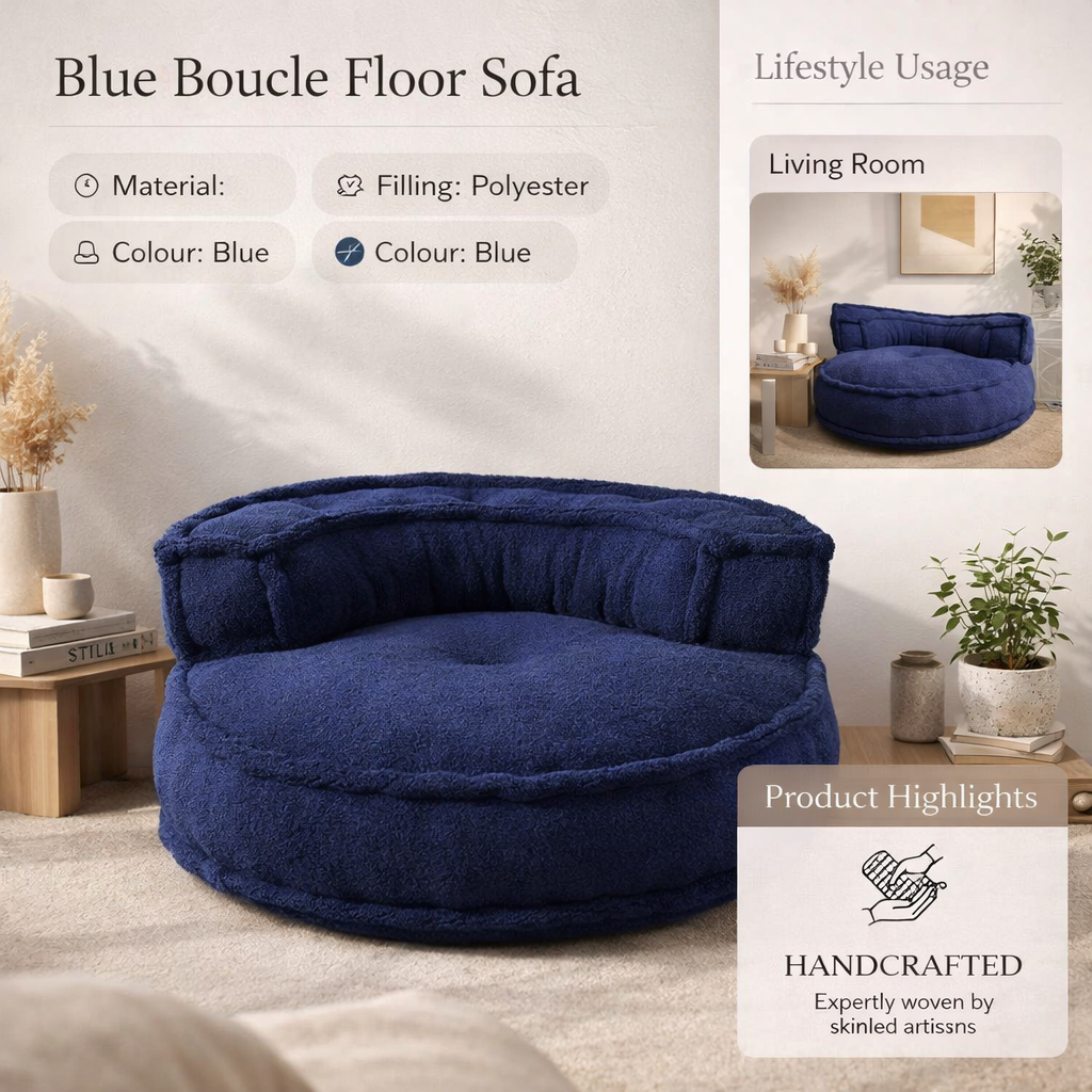 Blue Boucle Floor Sofa Chair – Modern Lounge Seating