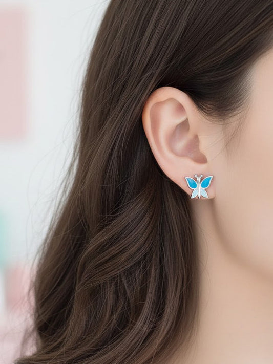 Blue Contemporary Stud Earrings – 925 Sterling Silver – Rhodium Plated Finish – Pair