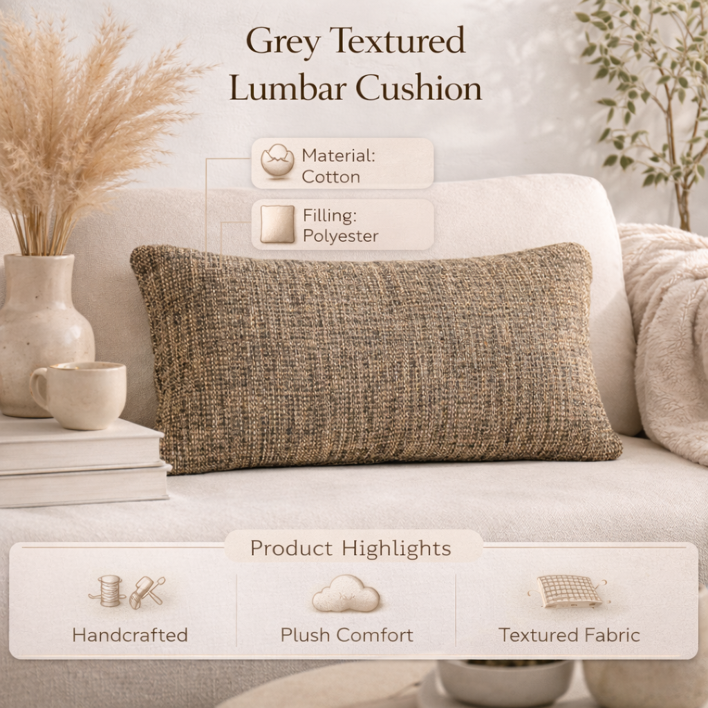 Grey Textured Lumbar Cotton Cushion 60x35 cm