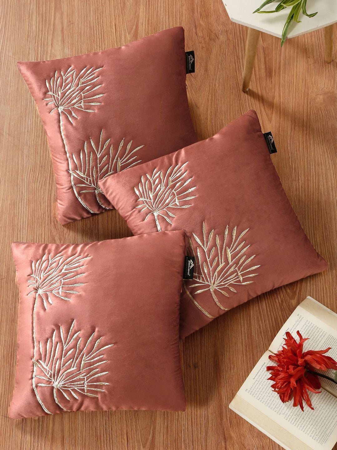 Lot de 3 housses de coussin carrées en velours brodé – Textiles de décoration intérieure – Pêche