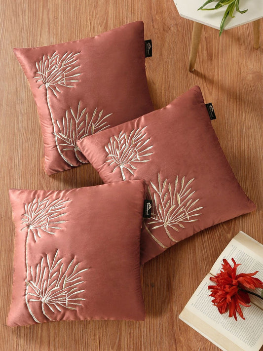 Set of 3 - Embroidered Velvet Square Cushion Covers – Home Decor Textiles – Peach