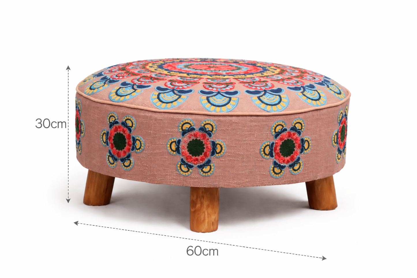 Embroidered Round Cotton Ottoman with Wooden Legs