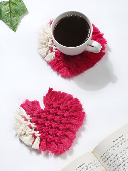 Two-Tone Heart Coasters – Macrame Woven Textile – Set of 2