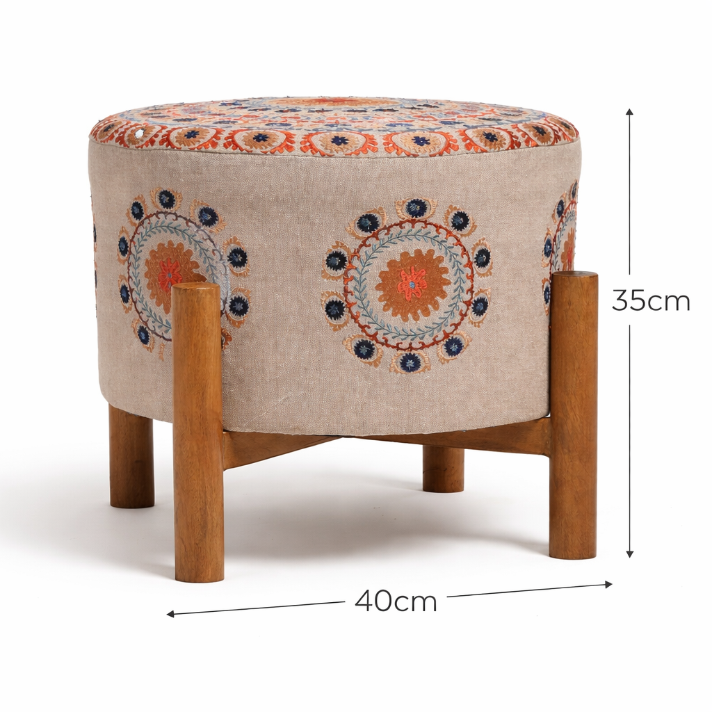 Embroidered Mandala Cotton Pouf Stool with Wooden Legs
