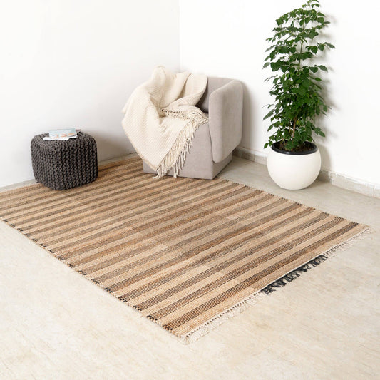 Hand Woven Striped Rug – Cotton & Jute | Natural