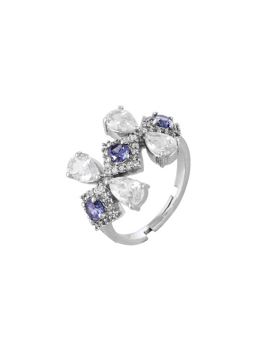 Rhodium-Plated Silver Tone Ring - Blue AD Stone Accented