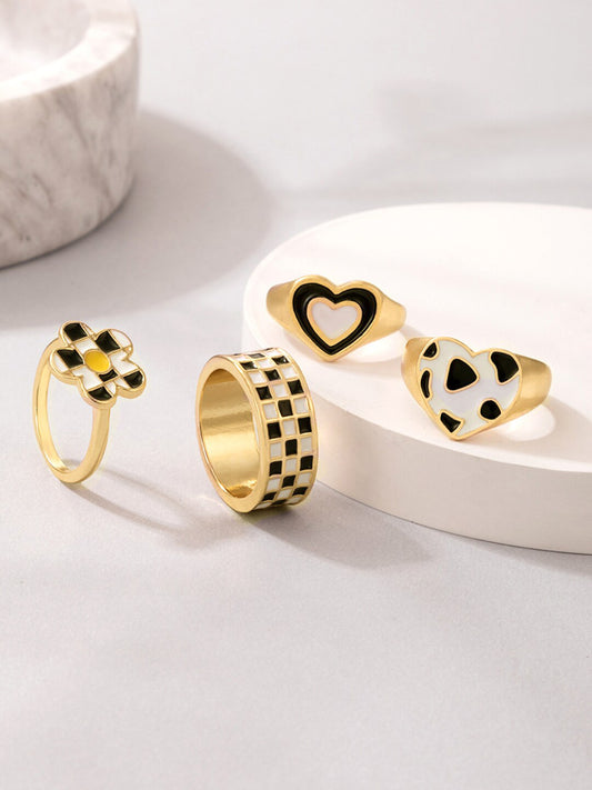 Gold-Plated Finger Ring Set – Fashion Rings – Two-Tone Gold & Black – Pack of 4