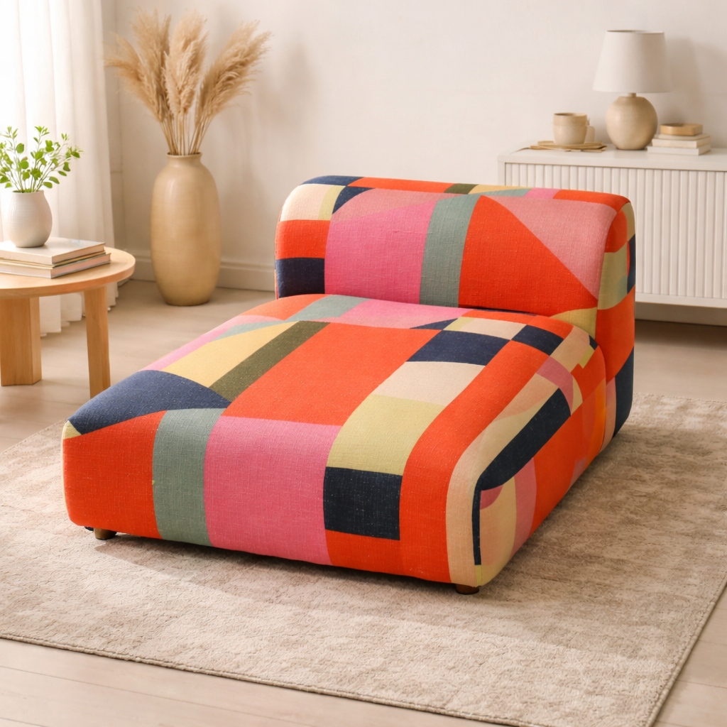 Geometric Cotton Floor Sofa with Armrest Multicolor