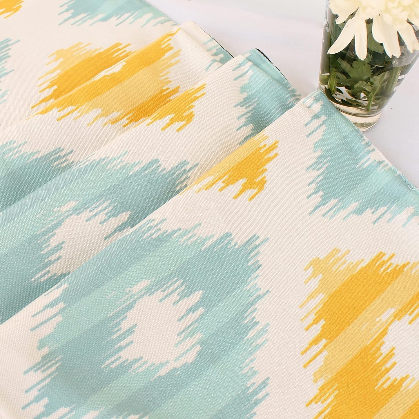 Ikat Yellow Teal Printed Poly Cotton Table & Bed Runner (13x60 In) | Modern Washable Home Decor Dining Living