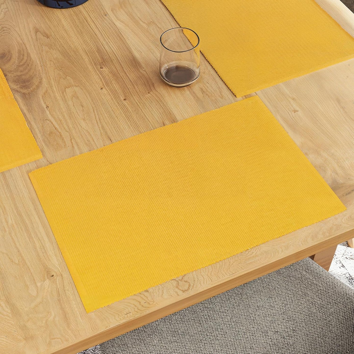 Handmade Yellow Ribbed Cotton Dining Table Mats Set of 6, 48x32 cm | Heat-Resistant, Washable Placemats for Kitchen & Dining