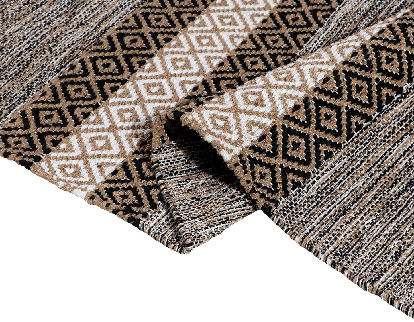 Modern Hand Woven Natural Cotton Diamond Pattern Rug 2x5 ft | Eco-Friendly Washable Bedroom Living Room Runner