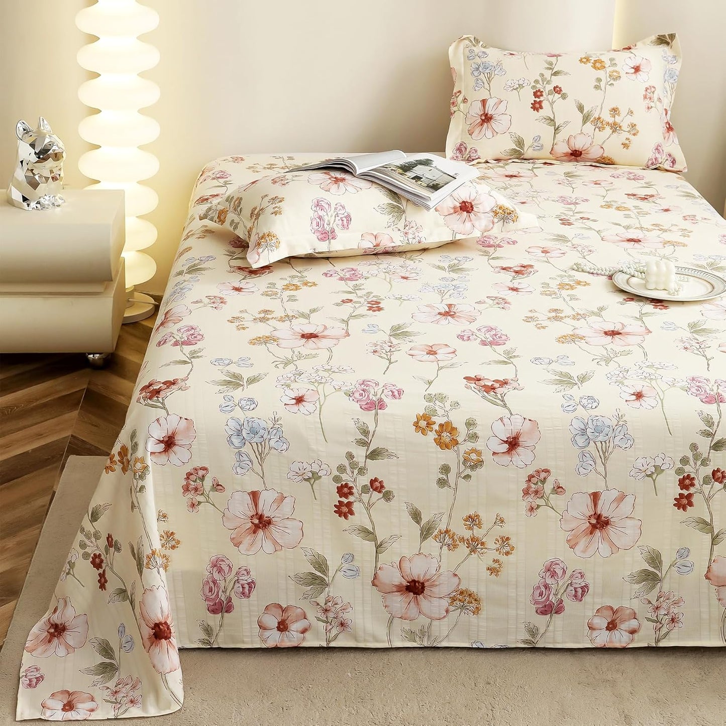 Drap-housse King Size - Coton nuage 300 fils/cm² - Motif floral, 2 taies d'oreiller