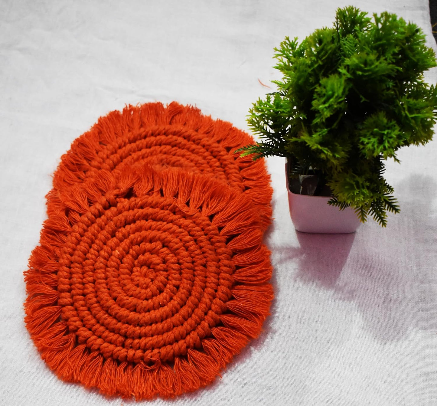 Orange Macrame Handwoven Cotton Coaster Set – 6" Diameter, 2-Pack