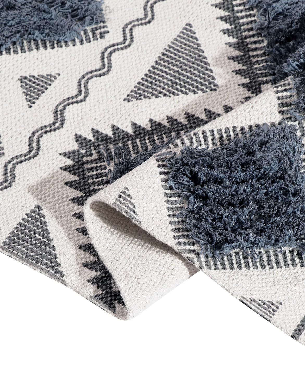 Hand Woven Tufted 100% Natural Cotton Rug Runner 2x5 ft (60x152 cm) | Modern Bedroom Living Room Carpet, Grey & White