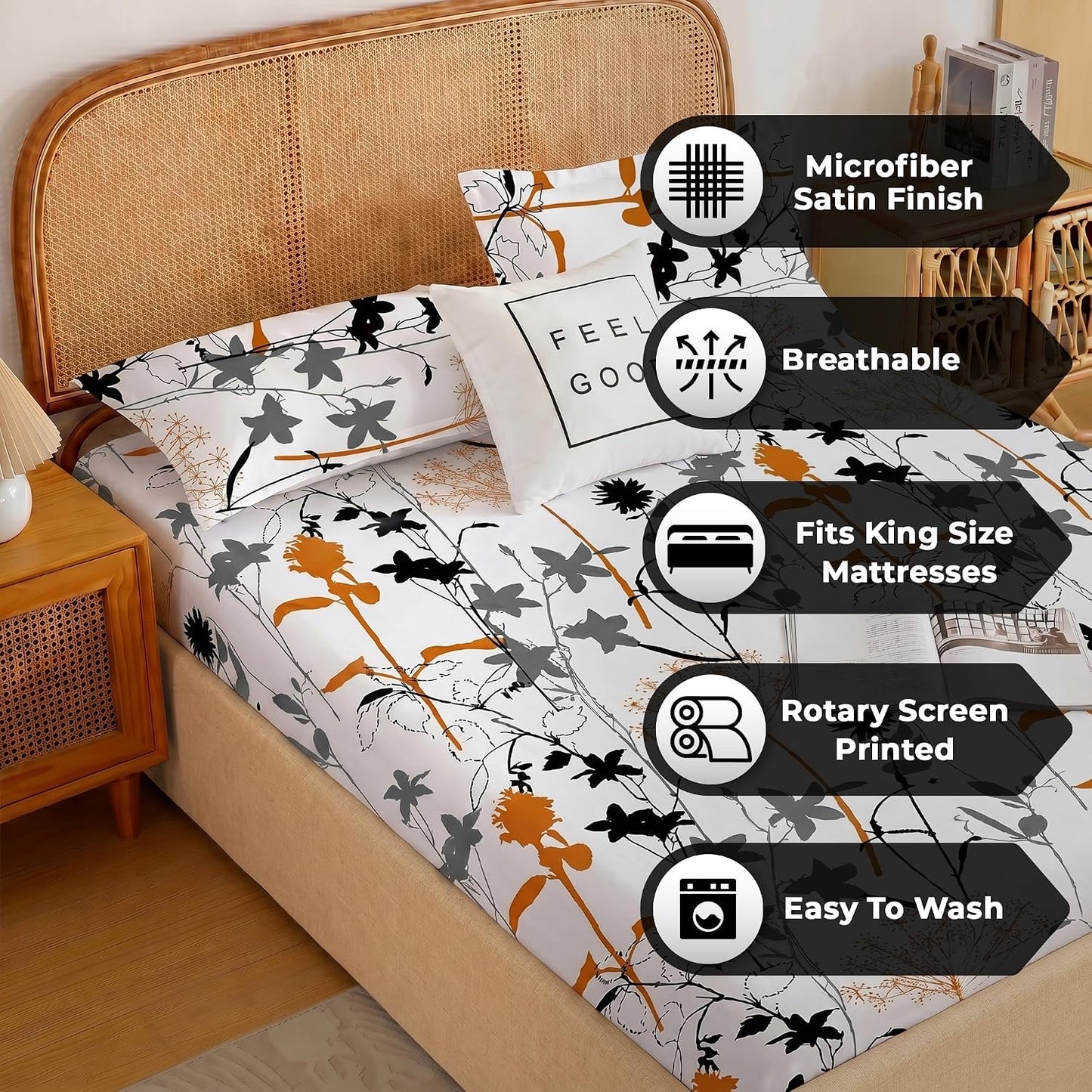 Bedsheet | Air Cotton Fitted Durable | King Size, 182 x 198 cm, White, Set of 3