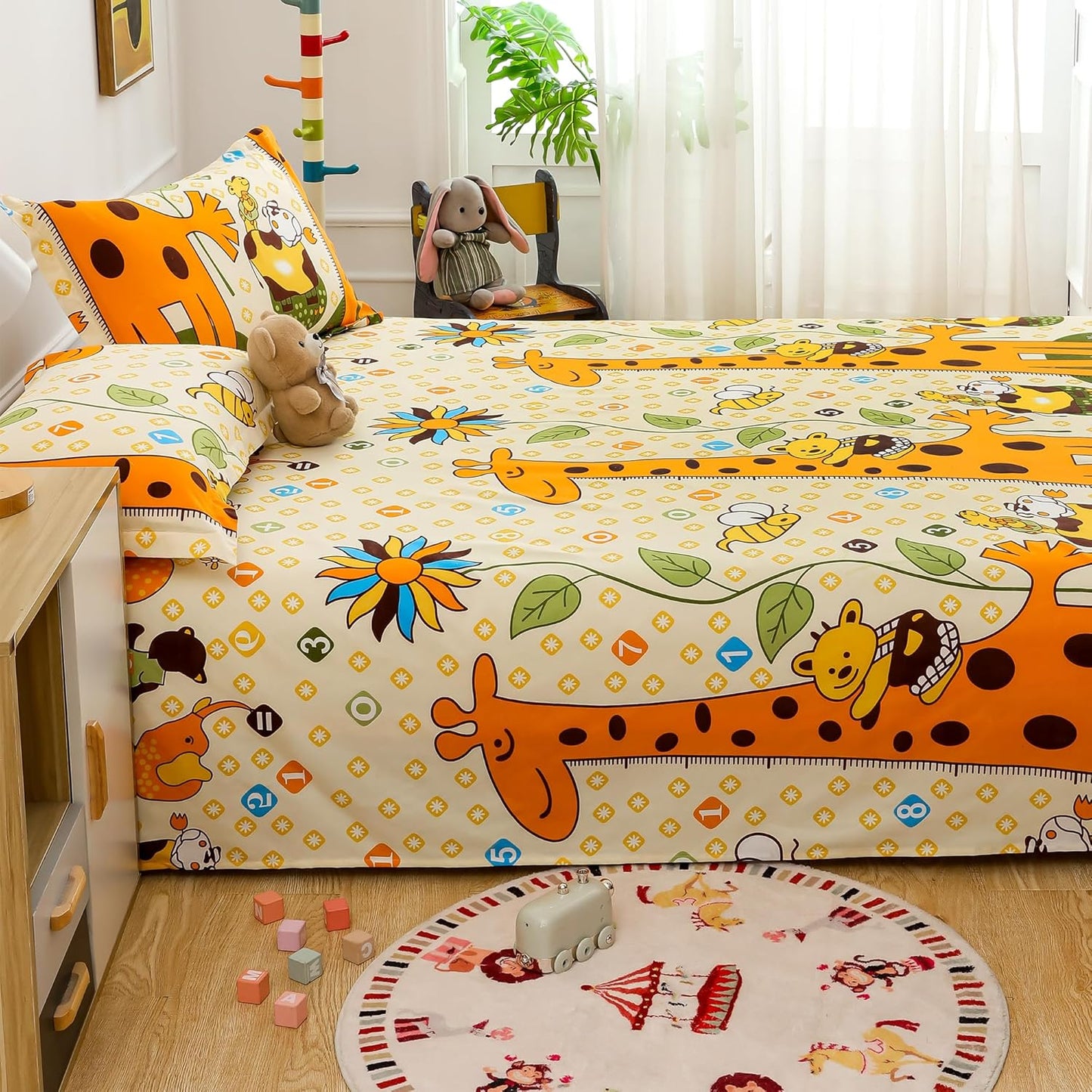 Kids Double Bed Sheet Set - 180 TC Microfiber - Baby Animals Print, 2 Pillow Covers