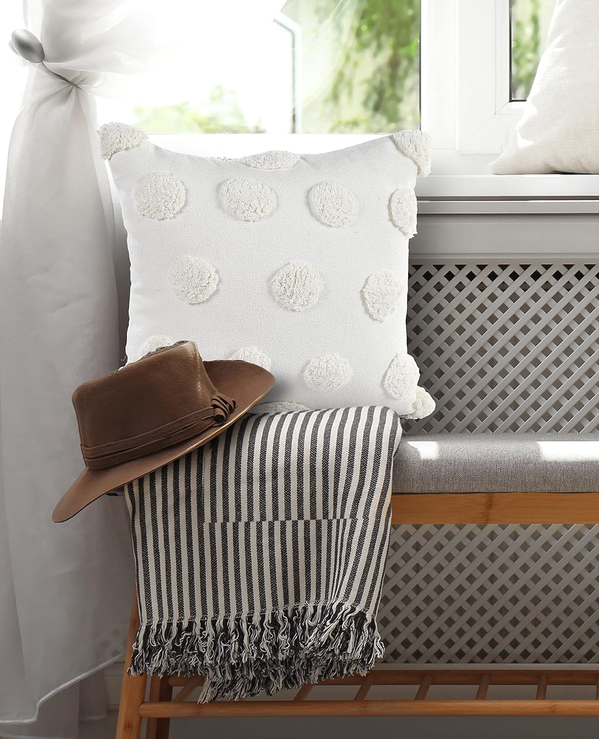 White Boho Tufted Dots Cotton Cushion Cover 18x18 | Decorative Pillow for Sofa, Living Room, Bed Decor