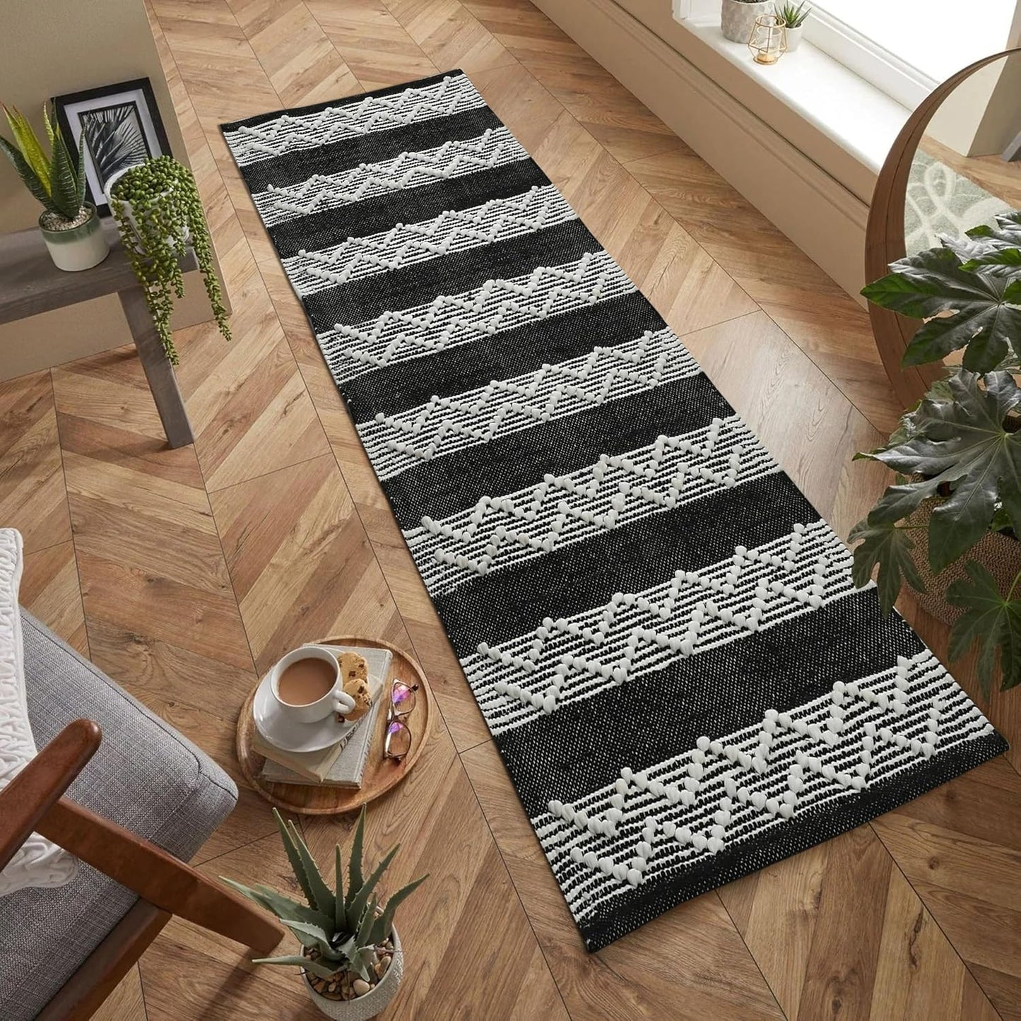 Hand Woven Modern 100% Cotton Designer Rug, Carpet, Bedside Runner 2x5 ft (60x152 cm) | Washable Bedroom Living Room Area Rug