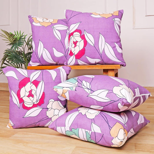 Purple Floral Print Soft Polycotton Cushion Covers 16x16 Inch Set of 5 | Decorative Sofa Bed Living Room Zipper