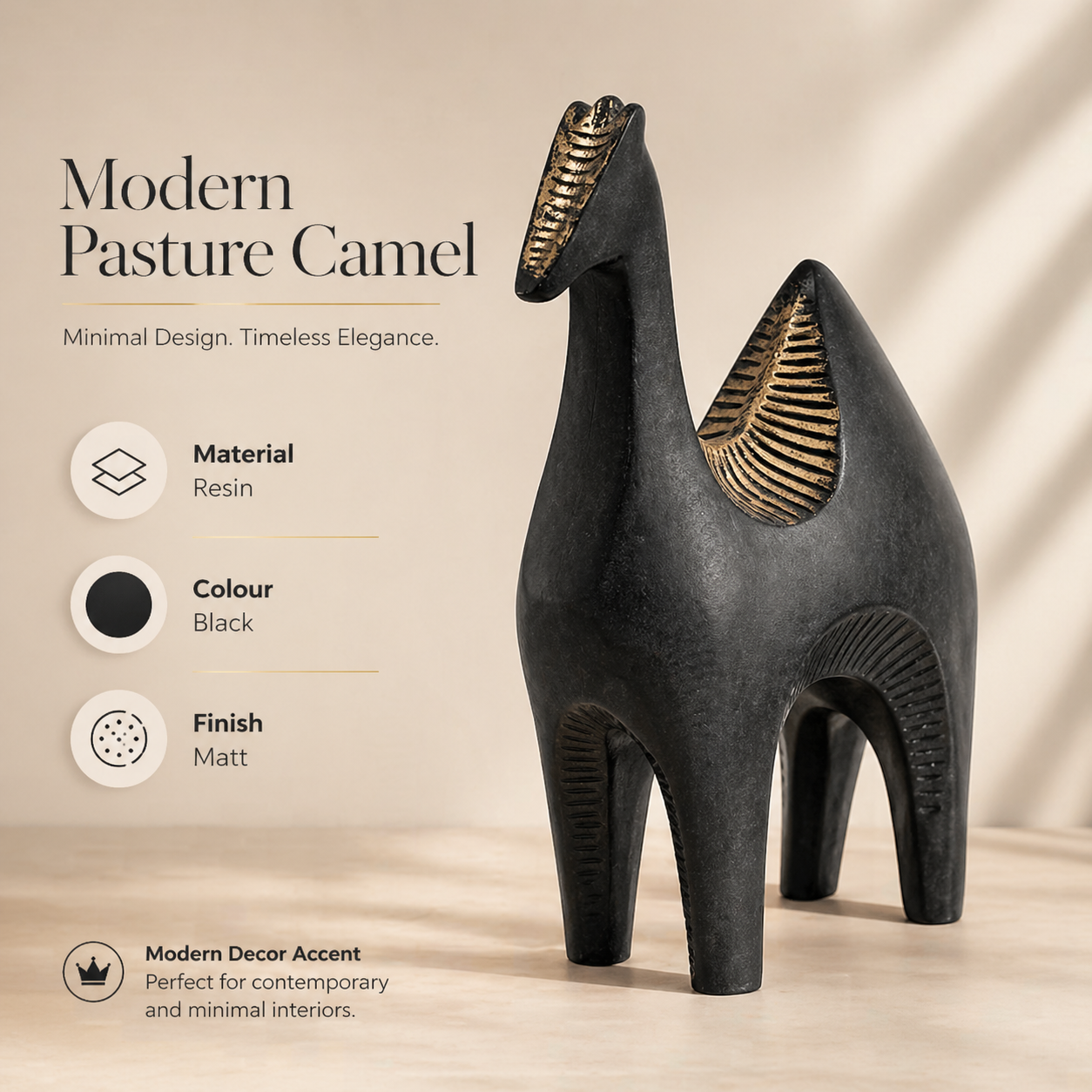 Modern Pasture Camel Sculpture in Black Matte Polyresin