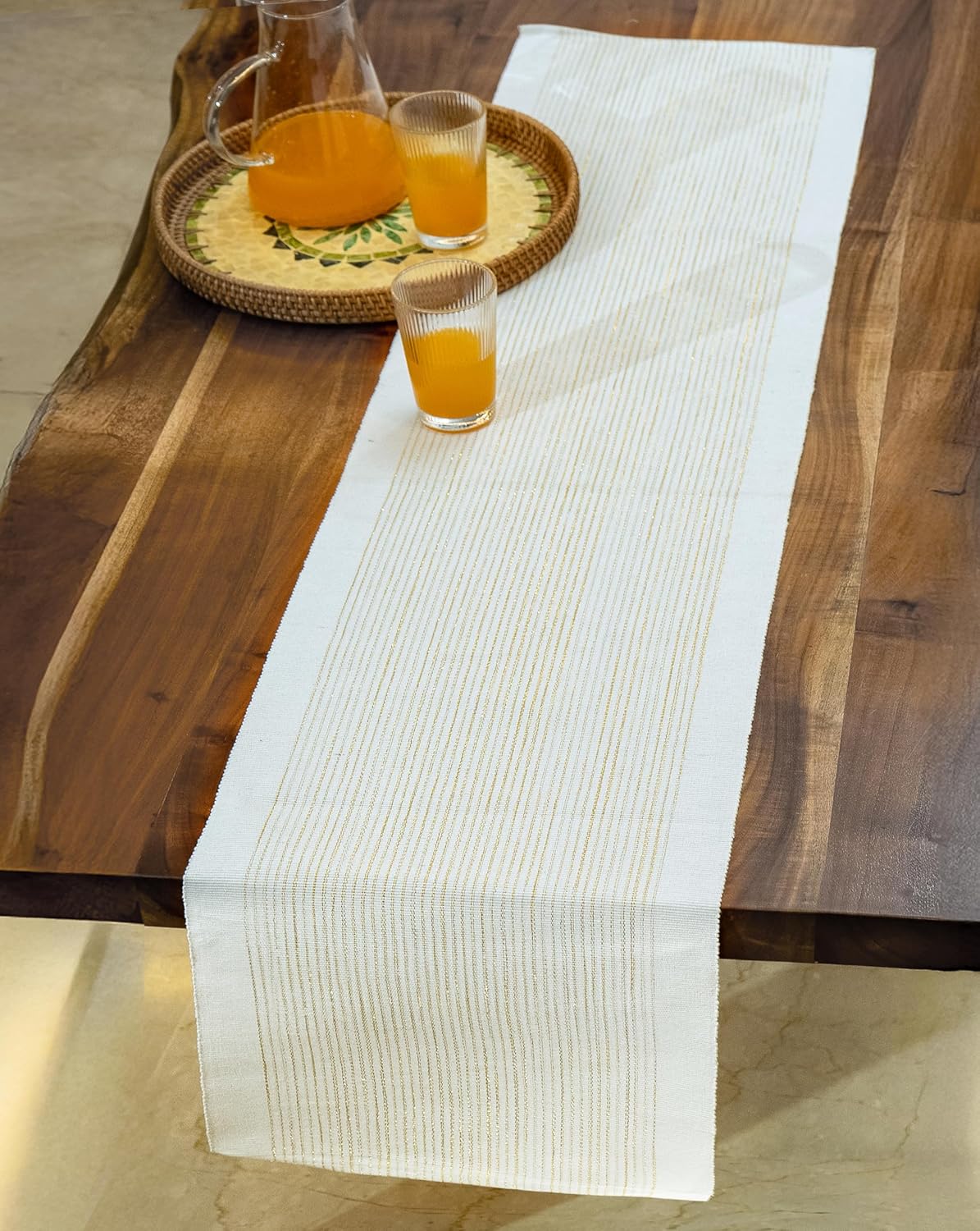 White-Gold Ribbed Glitter Thick Protective Dining Table Runner 63x14 inch, 4-6 Seater | Kitchen Linen, Party Decor