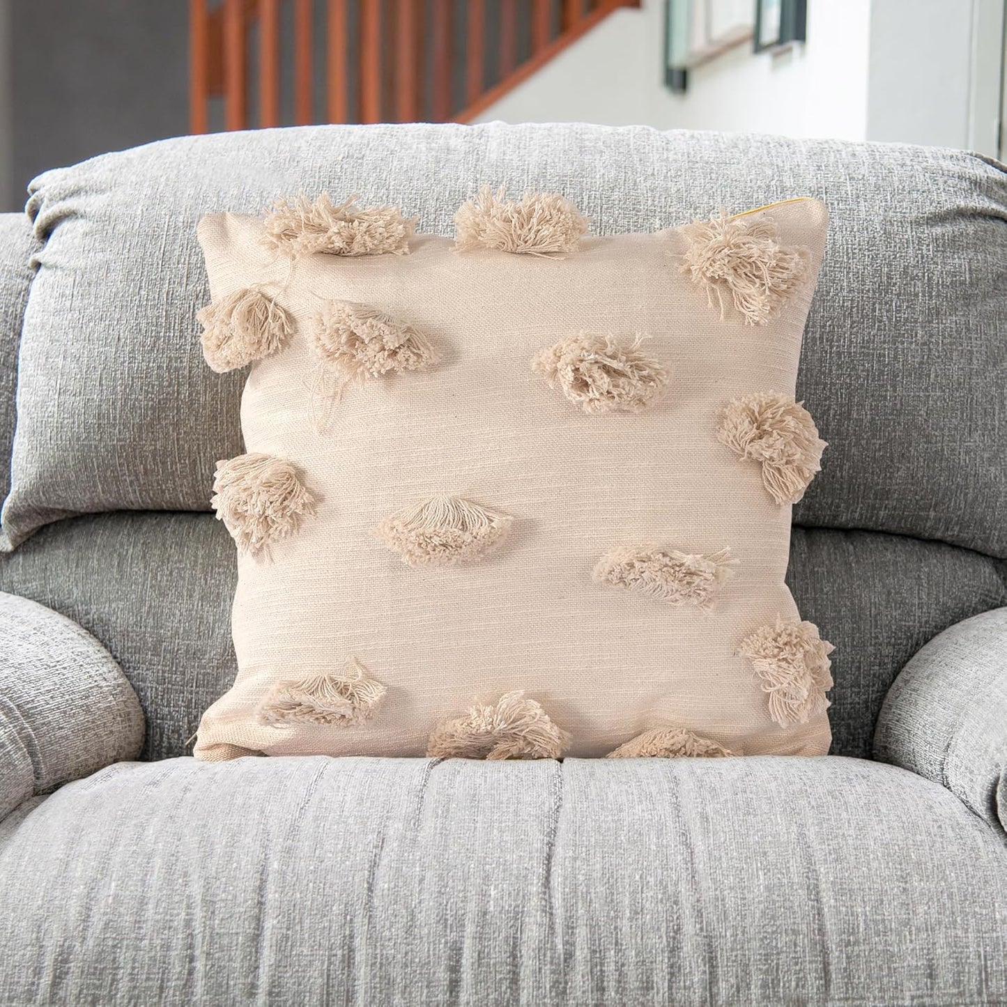 Natural Elegance Tufted Pom-Pom Cushion Covers, Soft & Durable, 45x45 cm Pack of 2 | Decorative Pillow Covers for Sofa, Bed, Chair