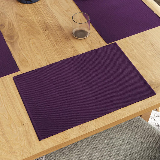 Handmade Purple Ribbed Cotton Dining Table Mats Set of 6, 48x32 cm | Heat-Resistant, Washable Placemats
