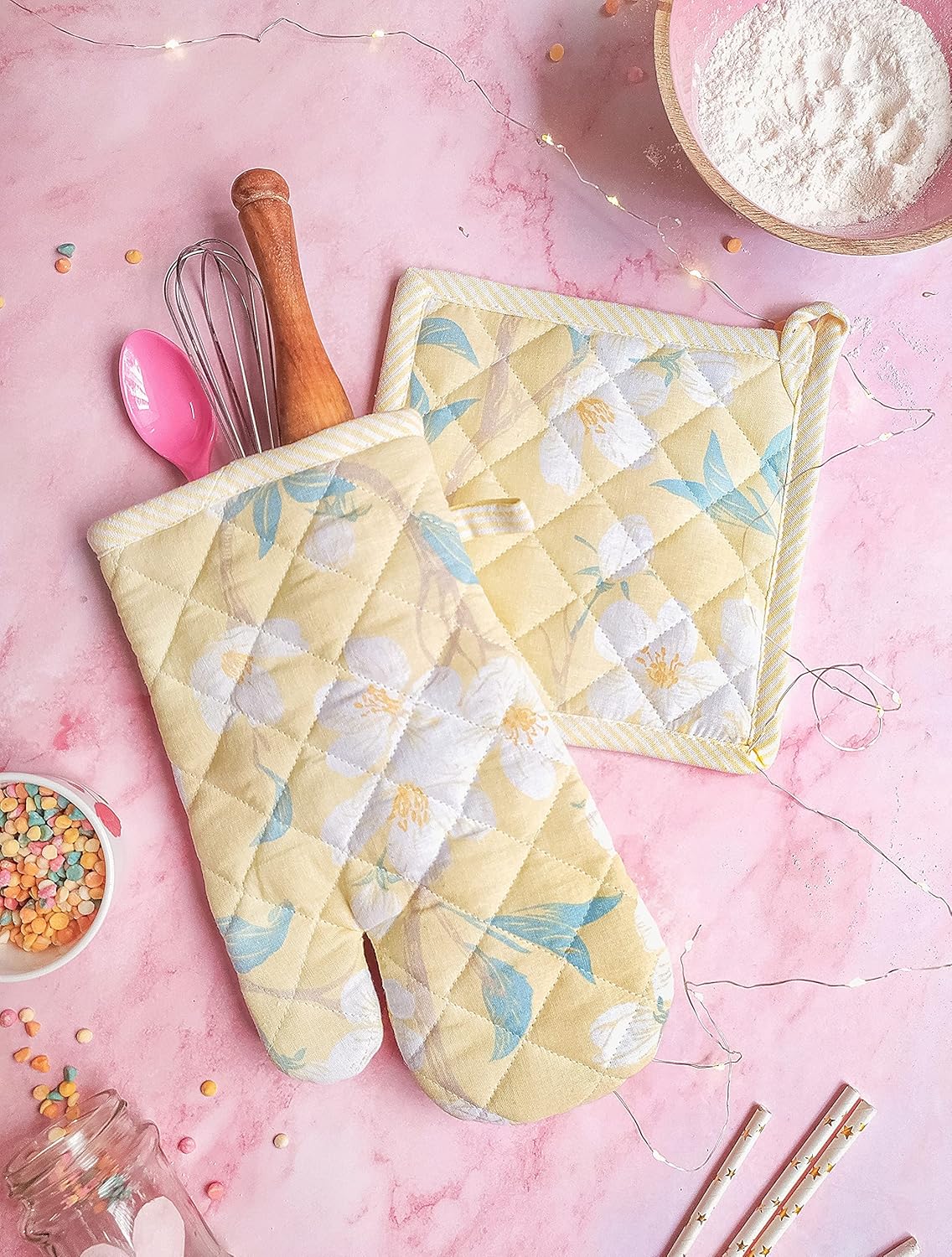 Cherry Blossom Oven Mitt & Pot Holder Set – Kitchen Textile – 100% Cotton Printed – 2-Piece Set