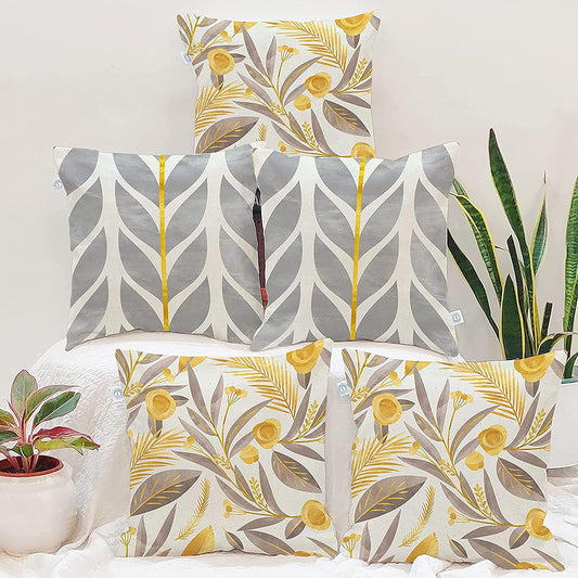 Yellow & Grey Floral Poly Cotton Cushion Covers, Set of 5 (18x18 Inches) | Decorative Throw Pillow Covers for Sofa Bed