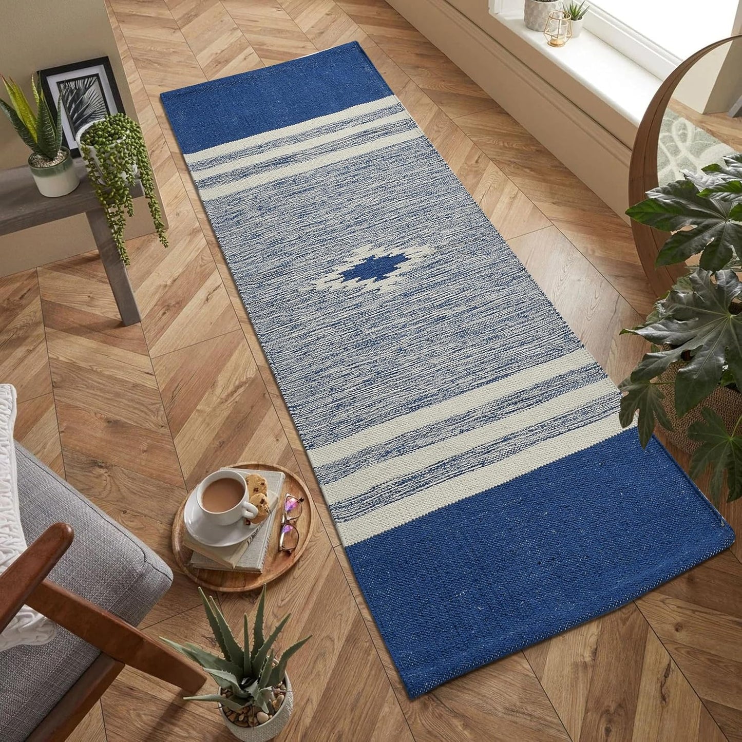 Hand Woven 100% Natural Cotton Rug 2x5 ft | Modern Designer Carpet Runner Bedroom Living Room