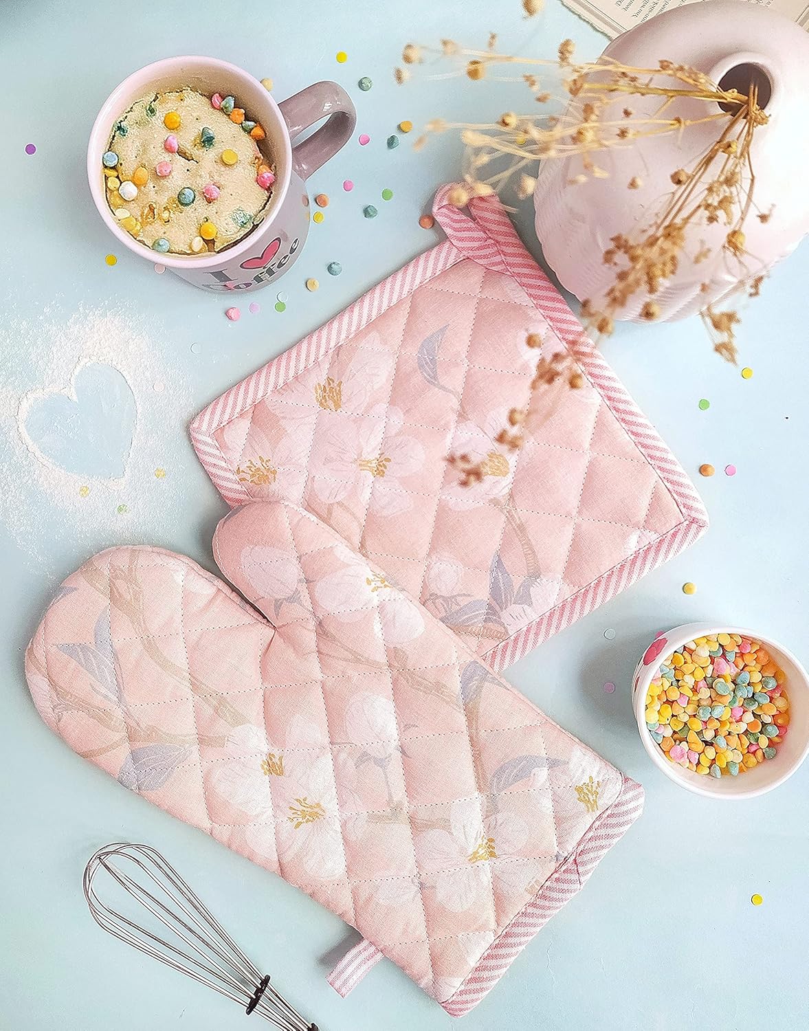 Ensemble de maniques et gants de cuisine à motif fleurs de cerisier – Linge de cuisine – 100 % coton – Lot de 2 pièces de tailles assorties