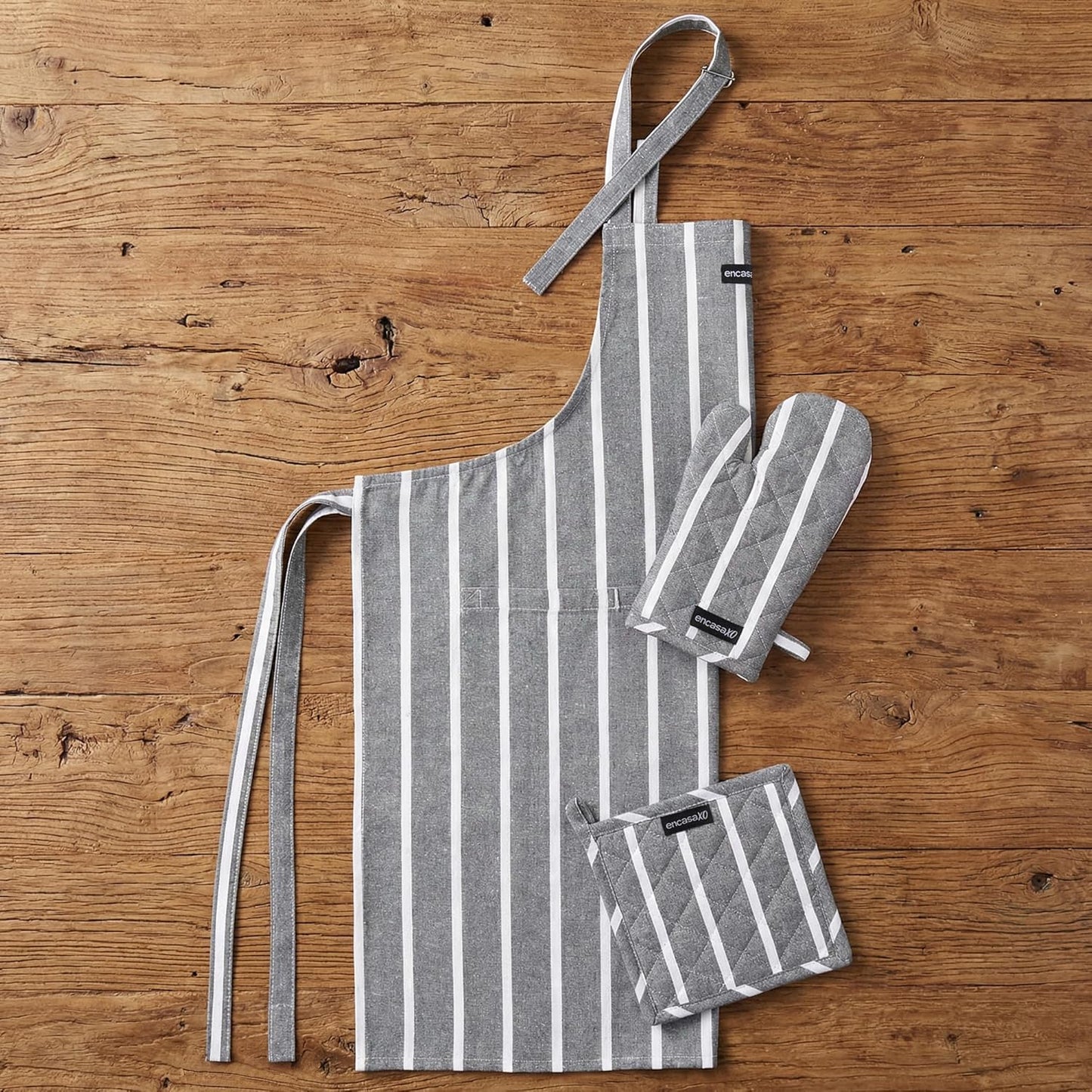 Ensemble de tabliers de cuisine – Ensemble de 3 pièces en lin culinaire – 100 % coton, résistant à la chaleur – Rayures grises Roma