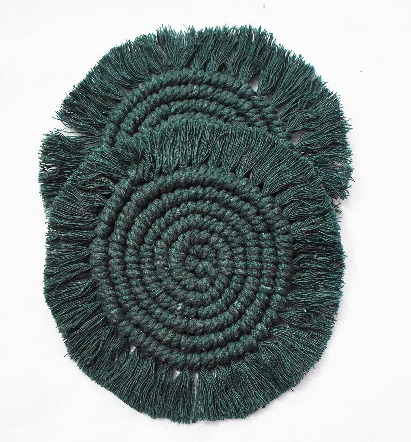 Dark Green Macrame Handwoven Cotton Coaster Set – 6" Diameter, 2-Pack
