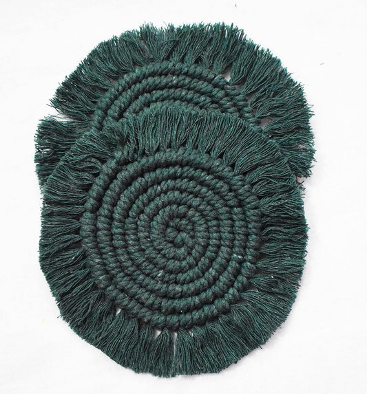 Dark Green Macrame Handwoven Cotton Coaster Set – 6" Diameter, 2-Pack