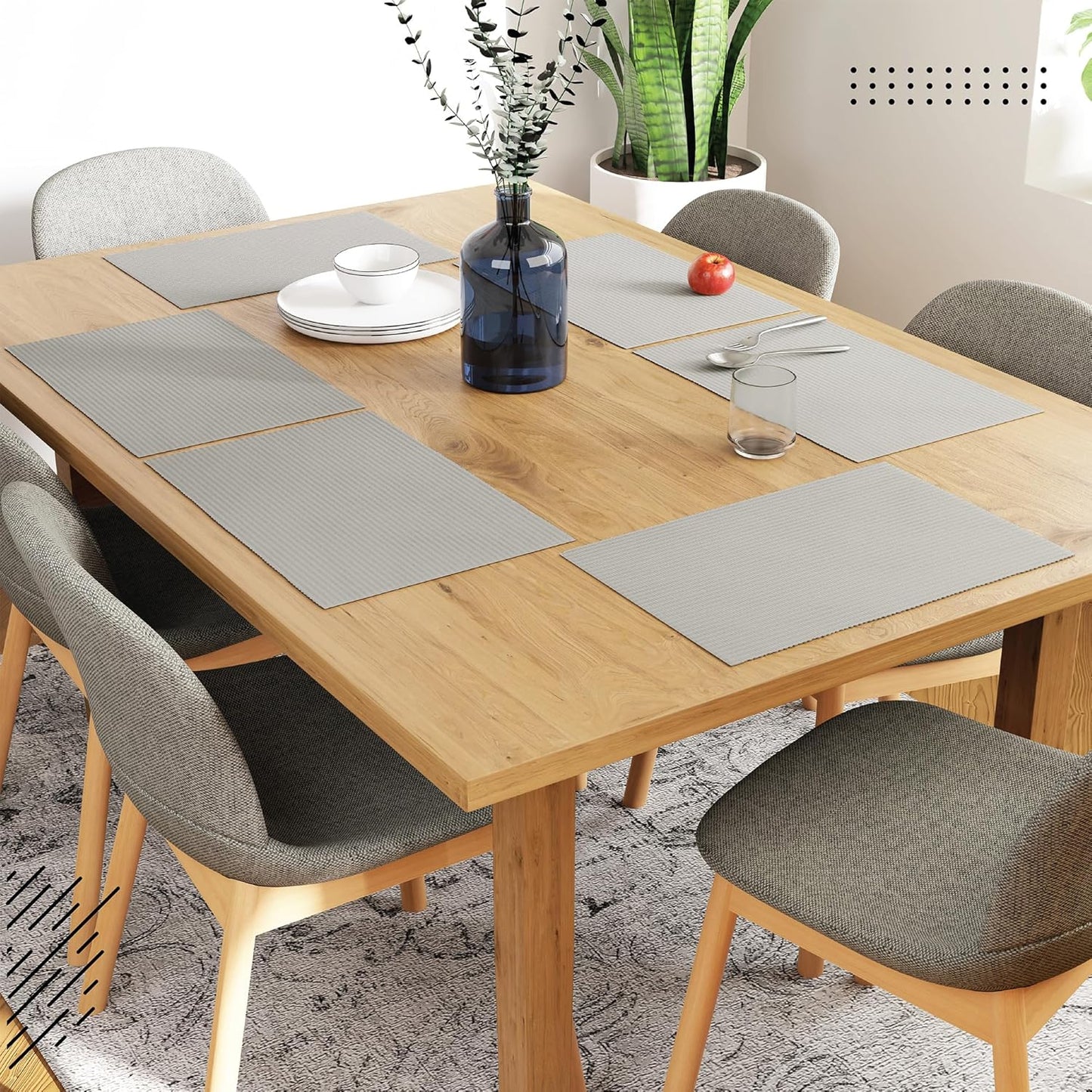 Handmade Light Grey Ribbed Cotton Dining Table Mats Set of 6, 48x32 cm | Heat-Resistant, Washable Placemats