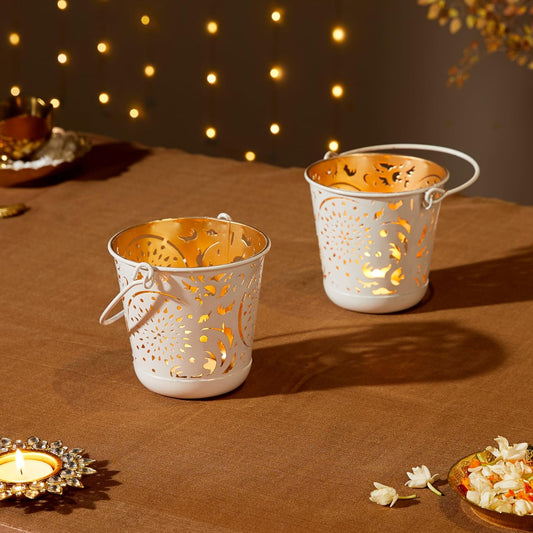 Elegant White Iron Gold Interior Round Handle Tea Light Votive, Set of 2 | Home Decor Candle Holders