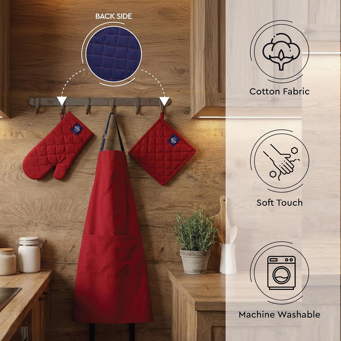 Professional Kitchen Apron Set – 100% Cotton – Heat Resistant & Adjustable – 3-Piece Red