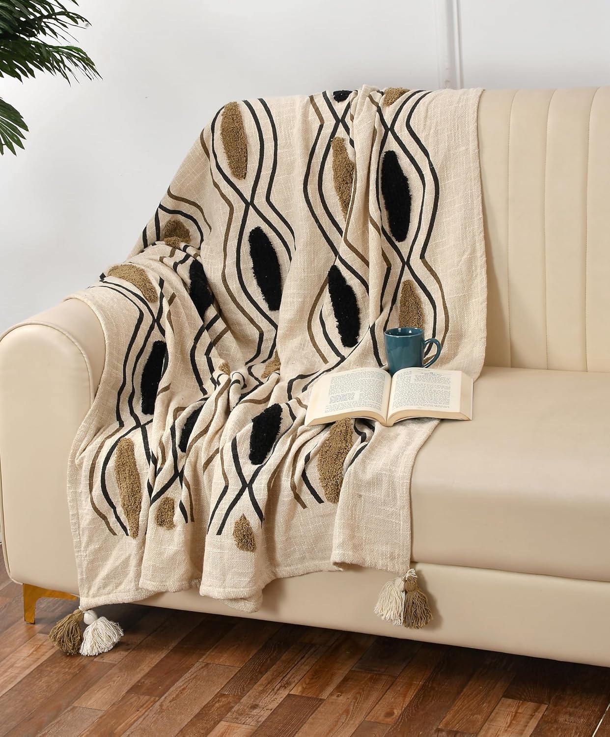 Beige Black Patterned Throw – Cotton Blanket – Natural Woven Base – 180x130 cm