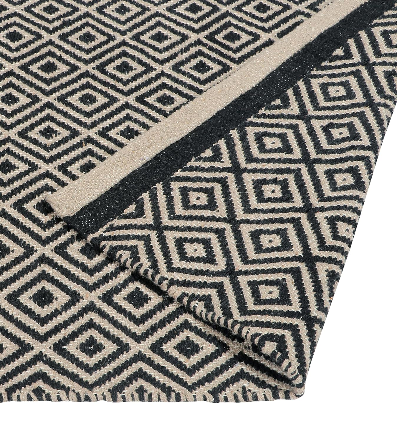 Modern Hand Woven 100% Cotton Diamond Rug 2x5 ft | Export Quality Bedside Runner, Washable Carpet for Living Room
