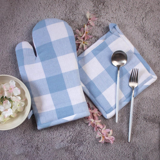 Heat Resistant Oven Glove & Pot Holder Set – Kitchen Textile – Thick Padded Cotton – 18x30cm