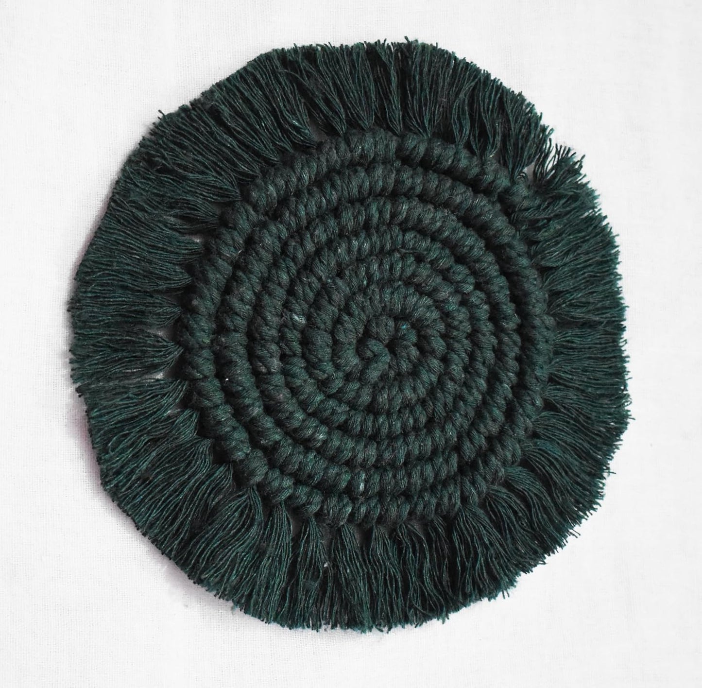 Dark Green Macrame Handwoven Cotton Coaster Set – 6" Diameter, 2-Pack