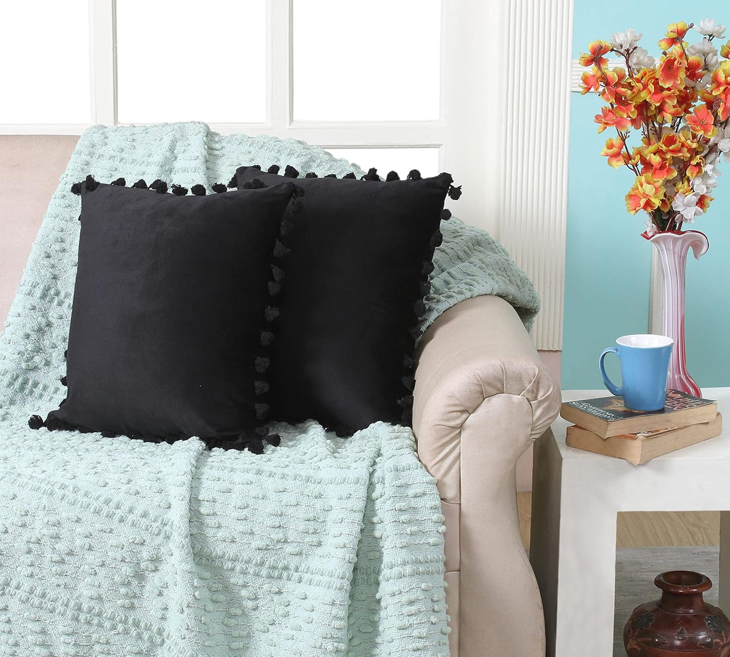 Umi Black Velvet Tassel Fringe Throw Pillow Covers 12x12 Inch (2 Pc) | Decorative Cushion for Sofa, Home Décor