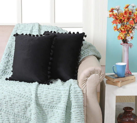 Umi Black Velvet Tassel Fringe Throw Pillow Covers 12x12 Inch (2 Pc) | Decorative Cushion for Sofa, Home Décor