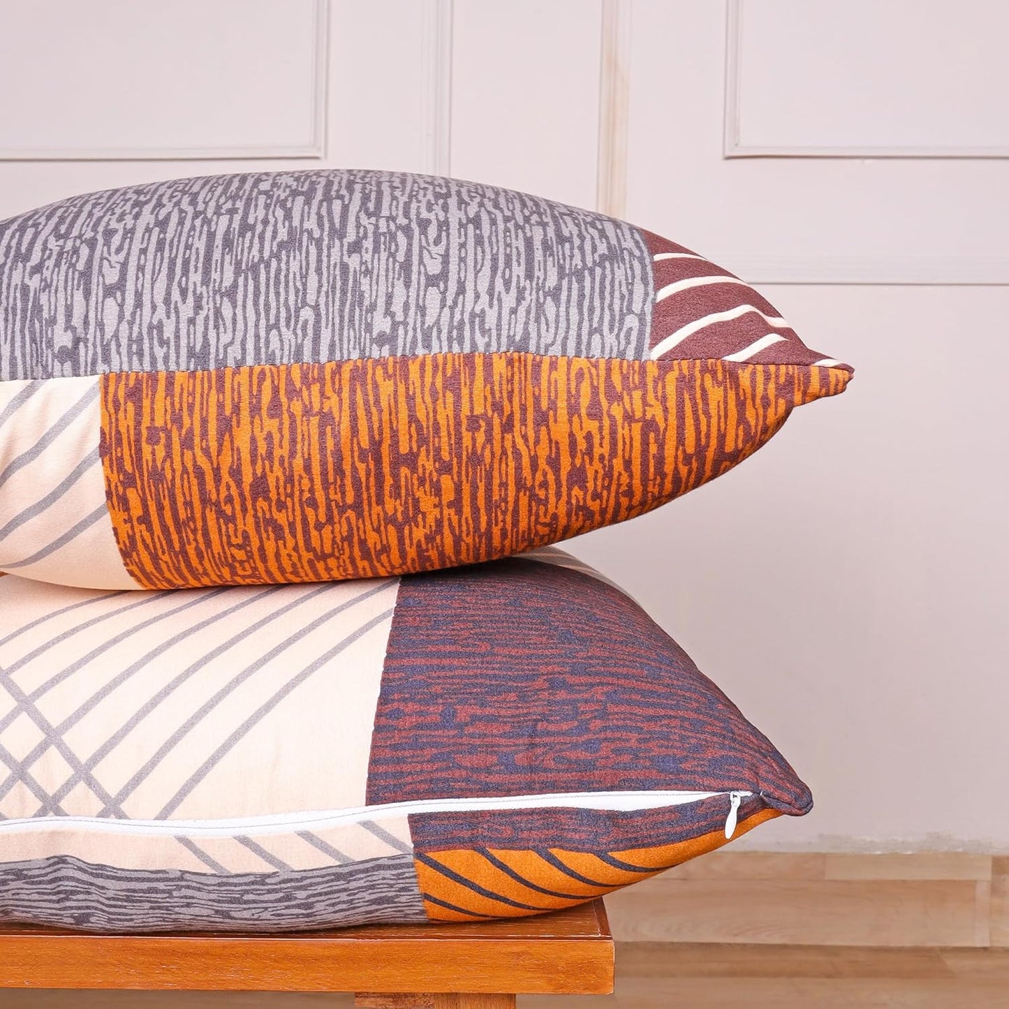 Modern Geometric Patchwork Print Cushion Covers Set of 5 | 16x16 Orange Brown Grey Polycotton Pillow Cases for Sofa Bed Decor