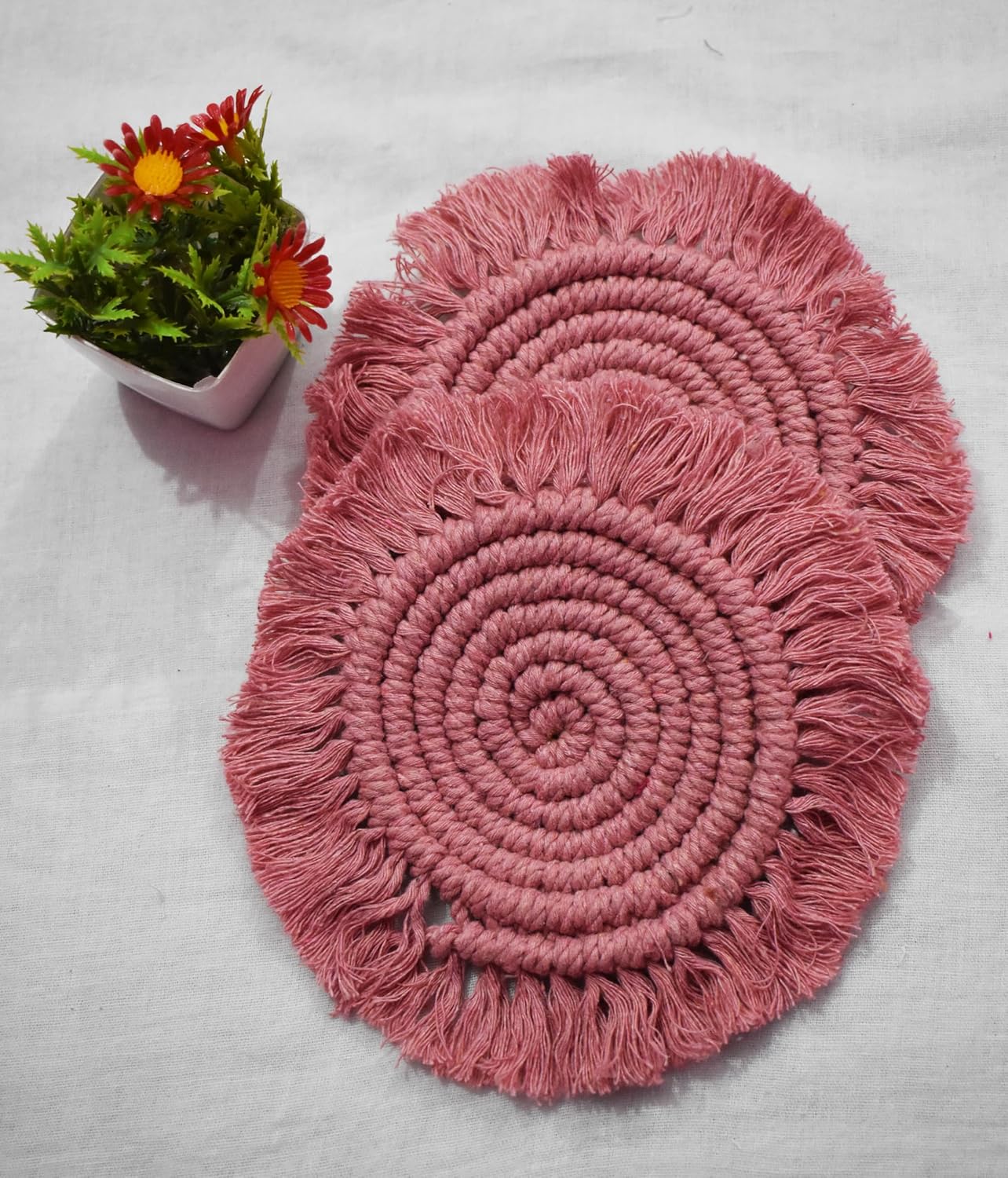 Pink Macrame Handwoven Cotton Coaster Set – 6" Diameter, 2-Pack
