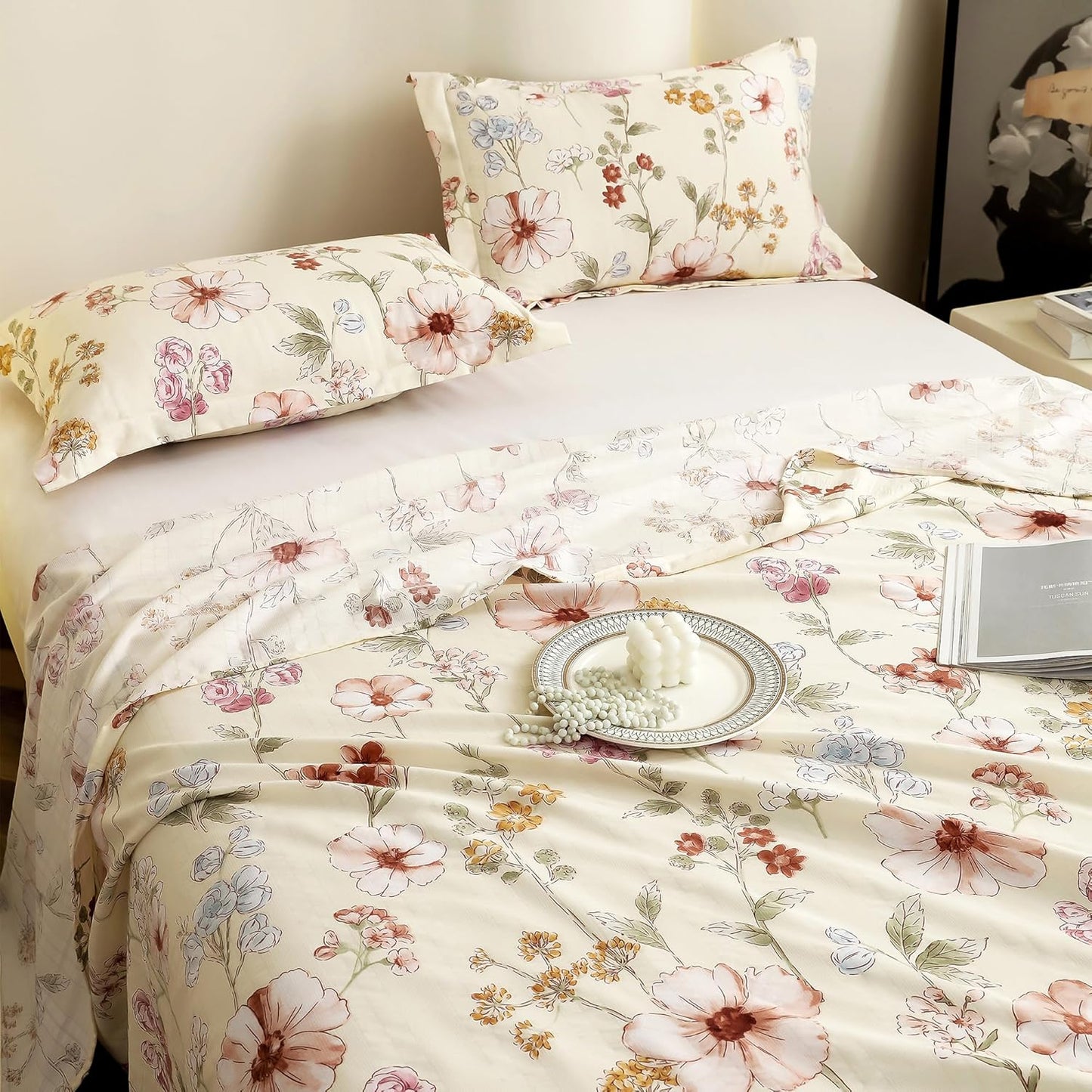 Drap-housse King Size - Coton nuage 300 fils/cm² - Motif floral, 2 taies d'oreiller