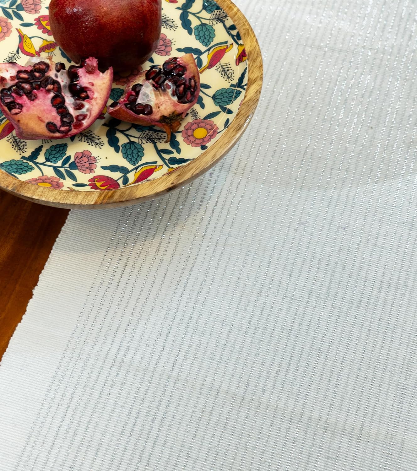 Thick Ribbed Cotton Weave Dining Table Runner, White-Silver Glitter, 63x14 inch (4-6 Seater) | Festive Kitchen Decor