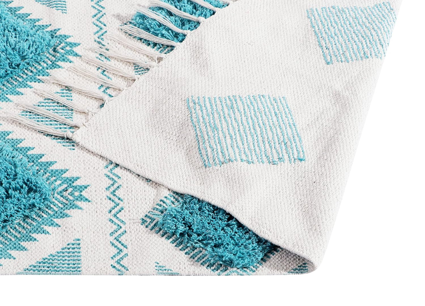 Hand Woven Tufted Sky Blue & White Cotton Rug Runner 2x5 ft | Bedroom, Living Room, Floor Decor, Indian Crafted